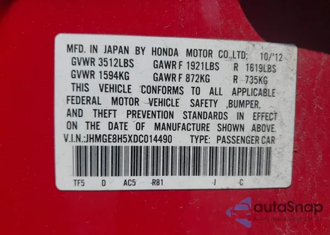 2013 Honda Fit Sport from USA, damaged, VIN JHMGE8H5XDC014490